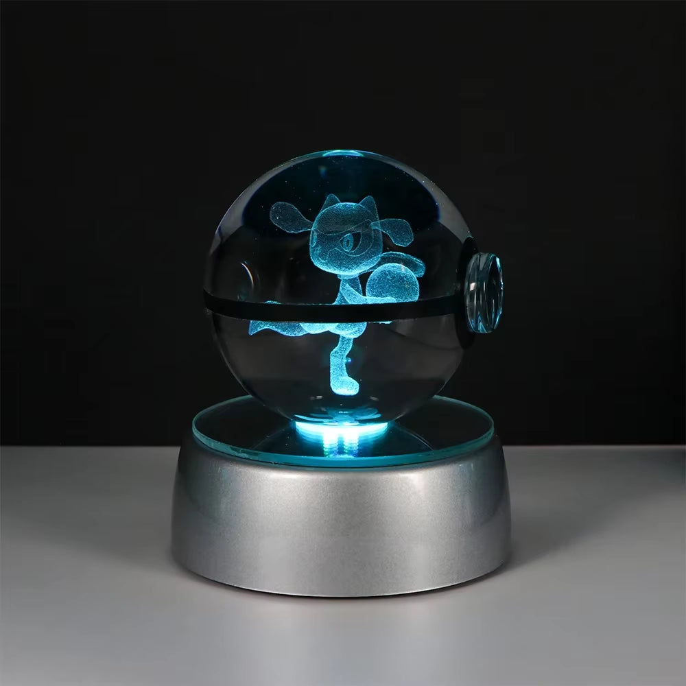 Pokemon 3D Crystal Ball Pikachu Gengar Eevee Mewtwo Anime Game Pokeball with Led Night Light Base Christmas Gift Home Decoration