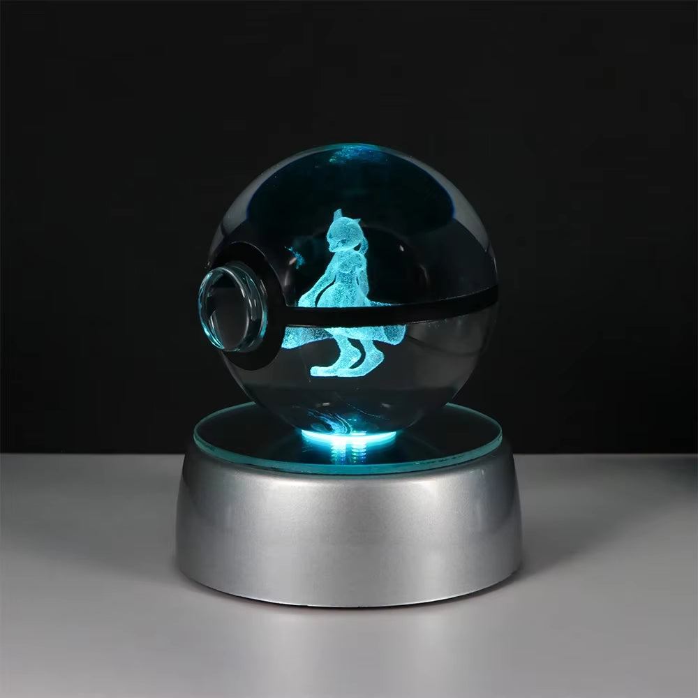 Pokemon 3D Crystal Ball Pikachu Gengar Eevee Mewtwo Anime Game Pokeball with Led Night Light Base Christmas Gift Home Decoration