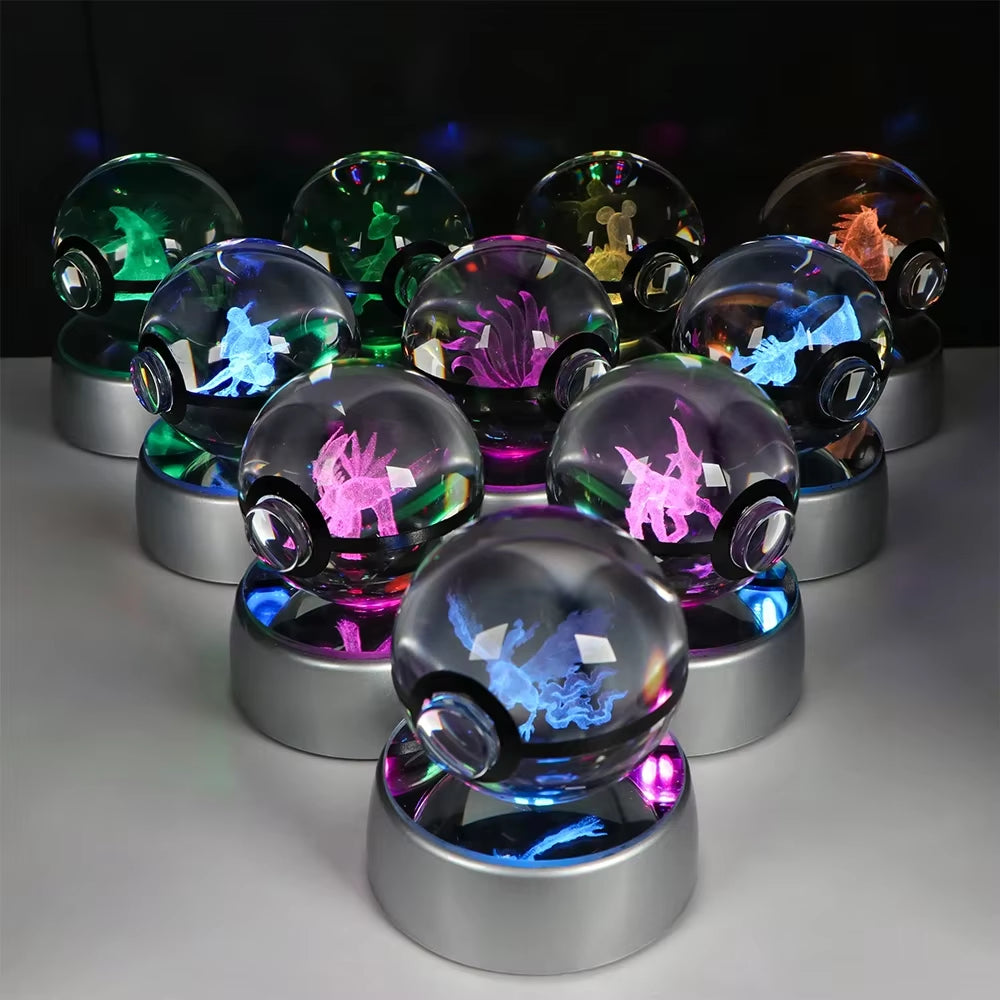 Pokemon 3D Crystal Ball Pikachu Gengar Eevee Mewtwo Anime Game Pokeball with Led Night Light Base Christmas Gift Home Decoration