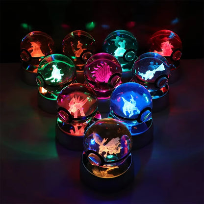 Pokemon 3D Crystal Ball Pikachu Gengar Eevee Mewtwo Anime Game Pokeball with Led Night Light Base Christmas Gift Home Decoration